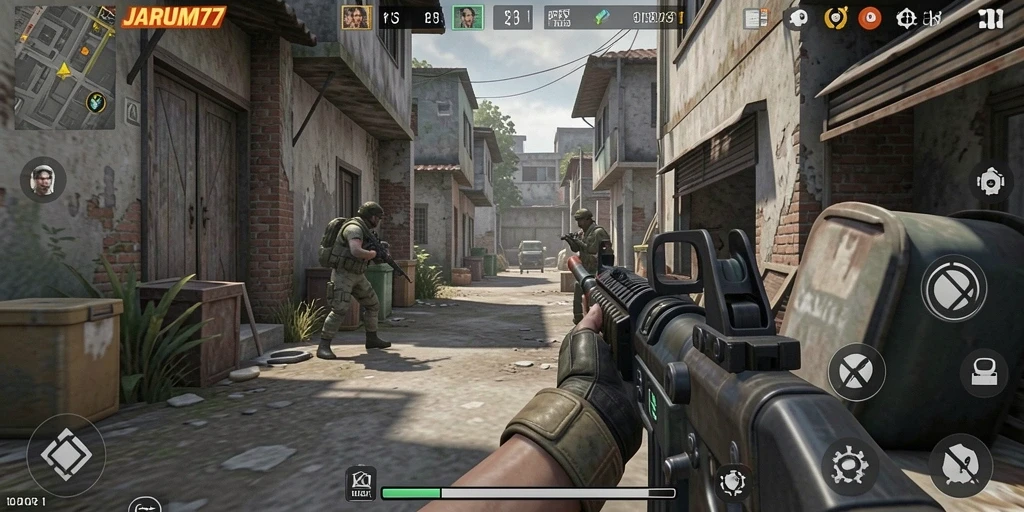 Gameplay JARUM77 dengan aksi menembak menegangkan.