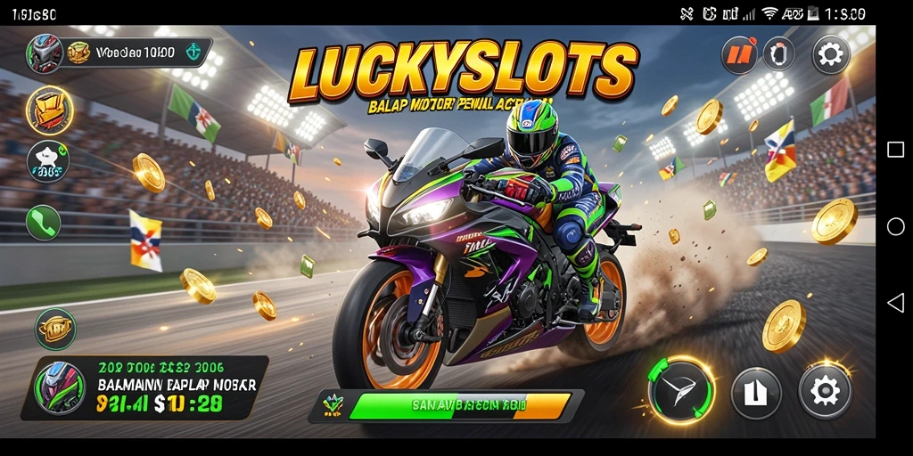 Gameplay seru LUCKYSLOTS dengan aksi balap motor yang mendebarkan.