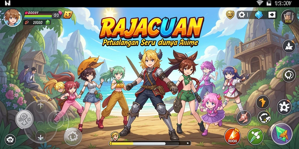 Screenshot gameplay RAJACUAN menampilkan karakter anime yang dinamis.