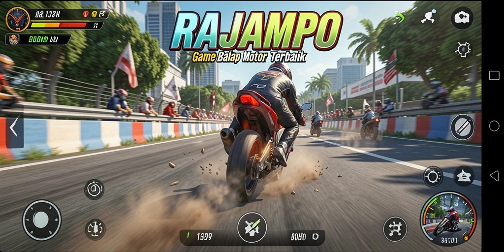 Tampilan gameplay balap motor yang mendebarkan dalam RAJAMPO.