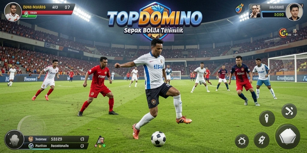 Screenshot gameplay TOPDOMINO menampilkan aksi seru dalam pertandingan sepak bola.